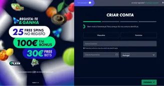 Ecrã de registo no site Solverde com oferta de boas-vindas de 25 free spins, 100€ em bónus e 30€ em free bets. Formulário de criação de conta visível ao lado da promoção.